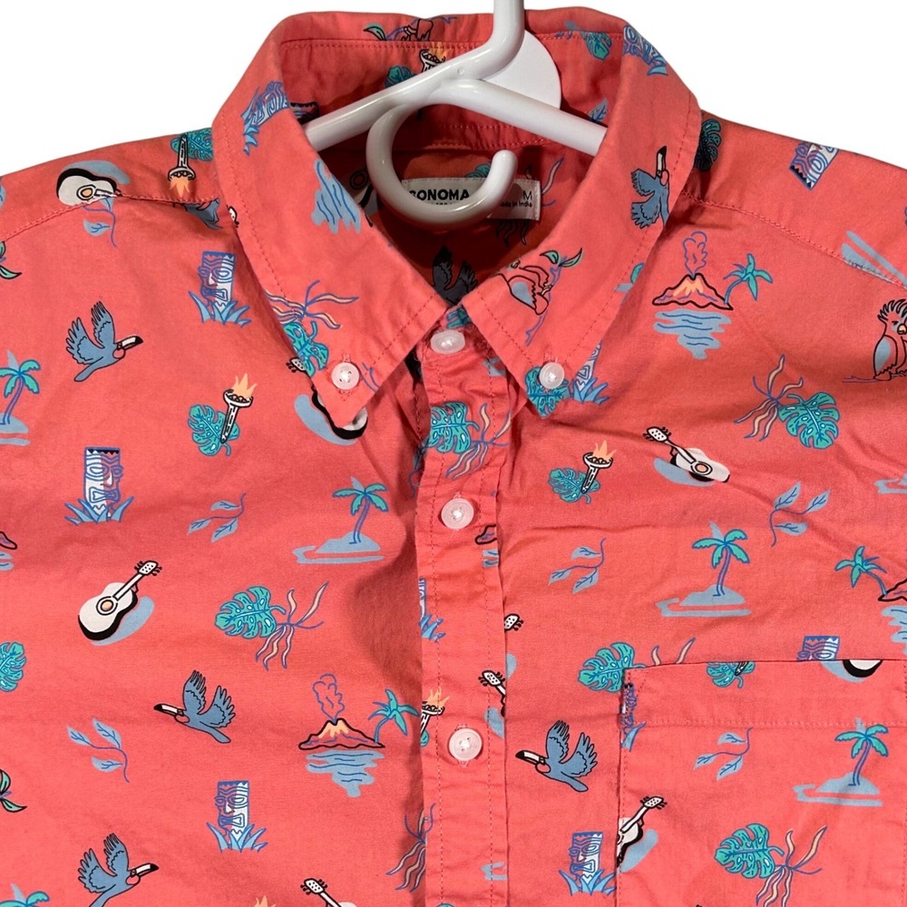 Sonoma Mens Tiki Tropical Print Short Sleeve Button Down Shirt Coral Pink Size M